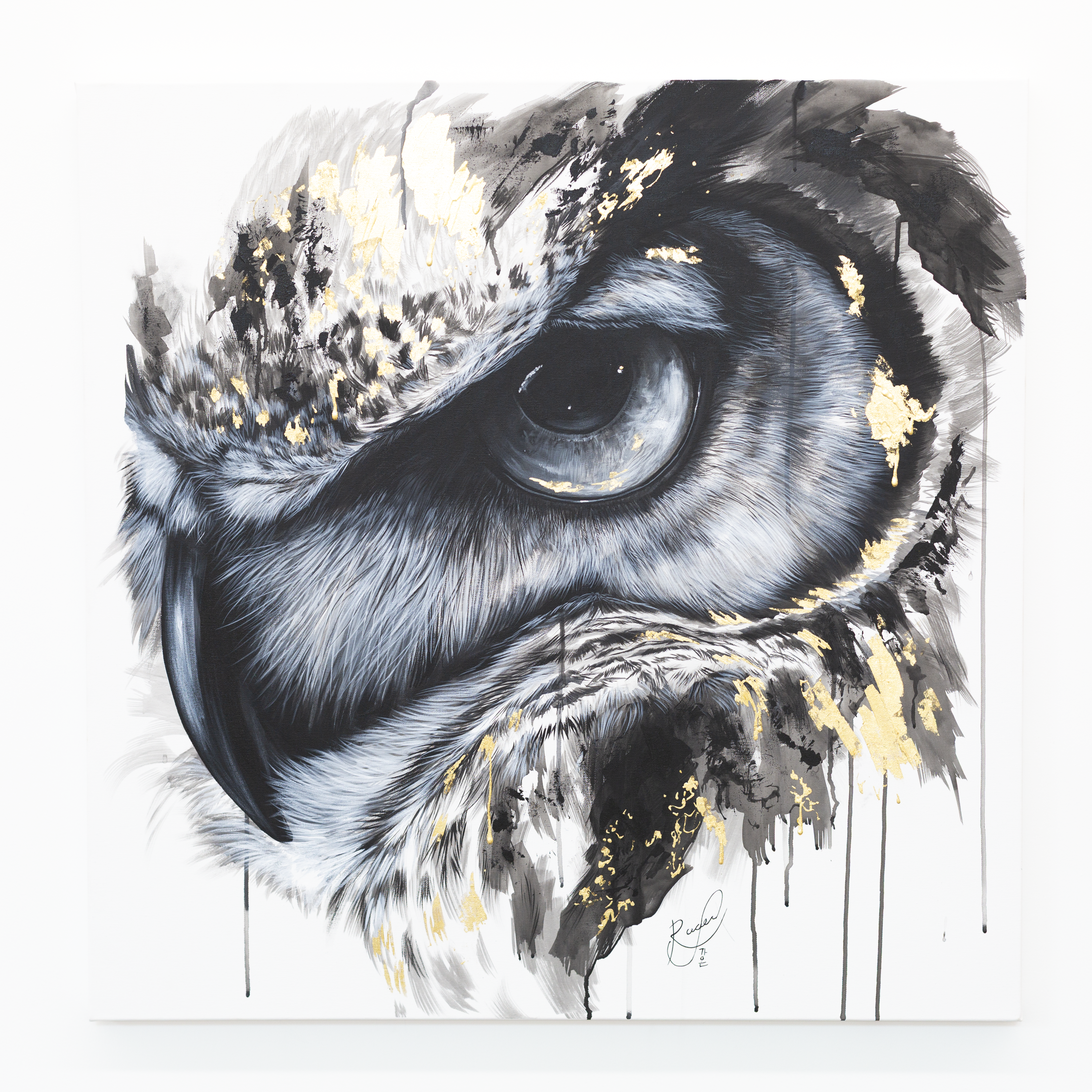 Owl Study, gold-leaf wildlife artwork by Ashley Rader